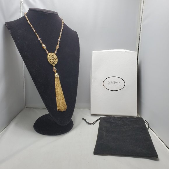 Ali Khan filigree pendant / chain tassel & linked peach glass beads & gi… - Picture 2 of 6